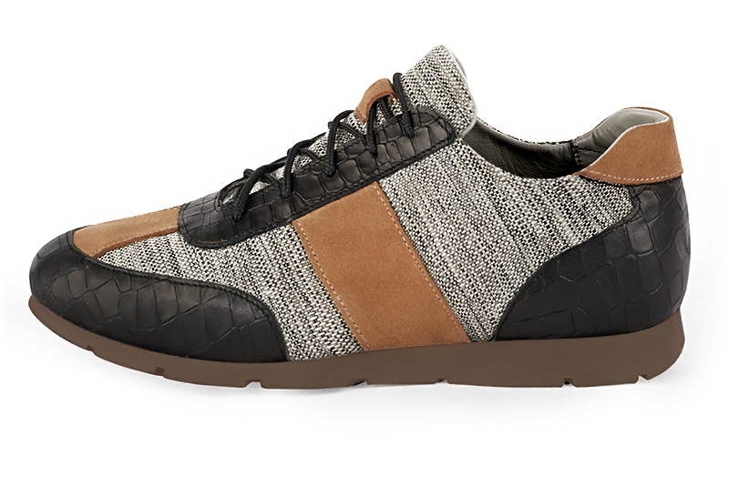Satin black, ash grey and camel beige three-tone dress sneakers for men. Round toe. Flat rubber soles. Profile view - Florence KOOIJMAN